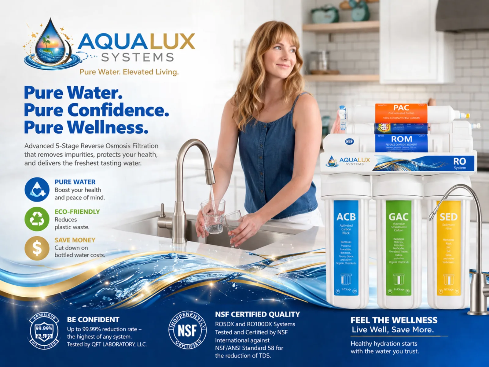 AquaLux reverse osmosis system in a bright kitchen